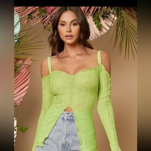 Lettuce green trim chevron textured split front long sleeve top